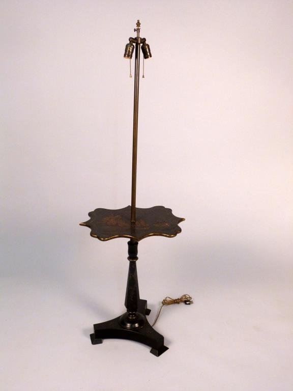 Regency Style Chinoiserie Stick Lamp Table: Built-in table with scalloped edges, on tripod base. 57" H.