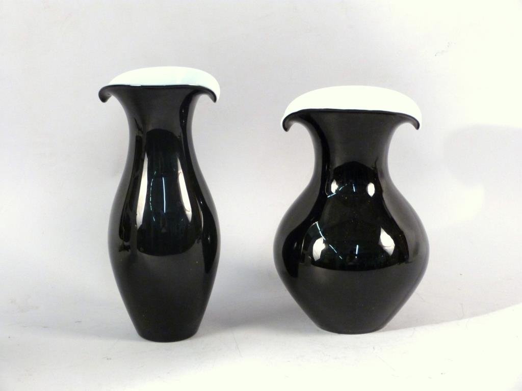 2 Orrefors Crystal Black and White Vases: Baluster body with sloped mouth and bulbous body with tulip mouth, both designed by Erika Lagerbielke,