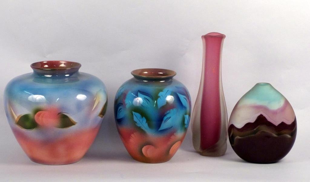 4 Artisan Vases - Porcelain and Glass: Assorted shapes and sizes, 2 (left) porcelain signed Judith Stiles.