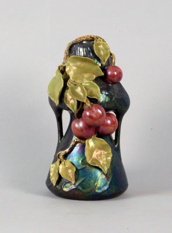 Art Porcelain Vase: Iridescent glaze, with applied grape vine.