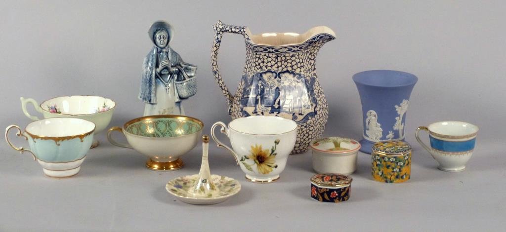 10+ Assorted Porcelain Articles: Cups, pitcher, covered boxes, ring holder. Minor chips.