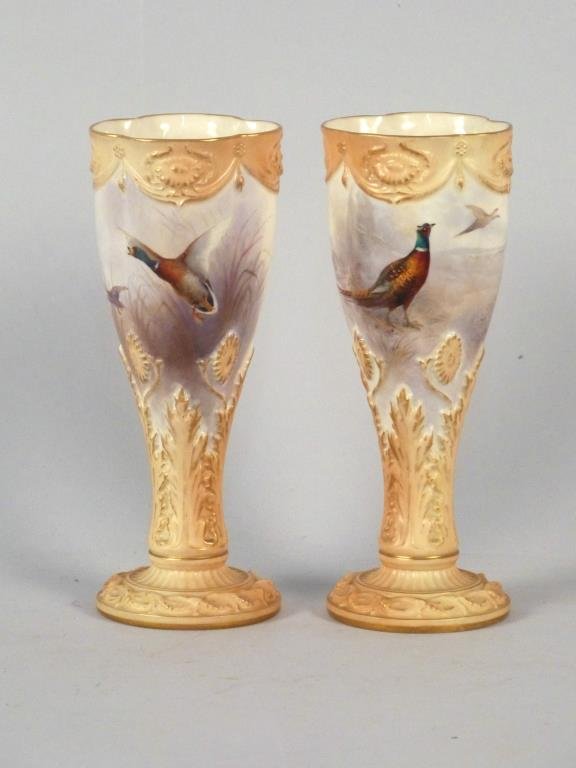 Pair Royal Worcester Vases **** Update + Pics: Form 1047 G, both hand painted. 8 3/4" H. **** Both Signed Jas Stinton.