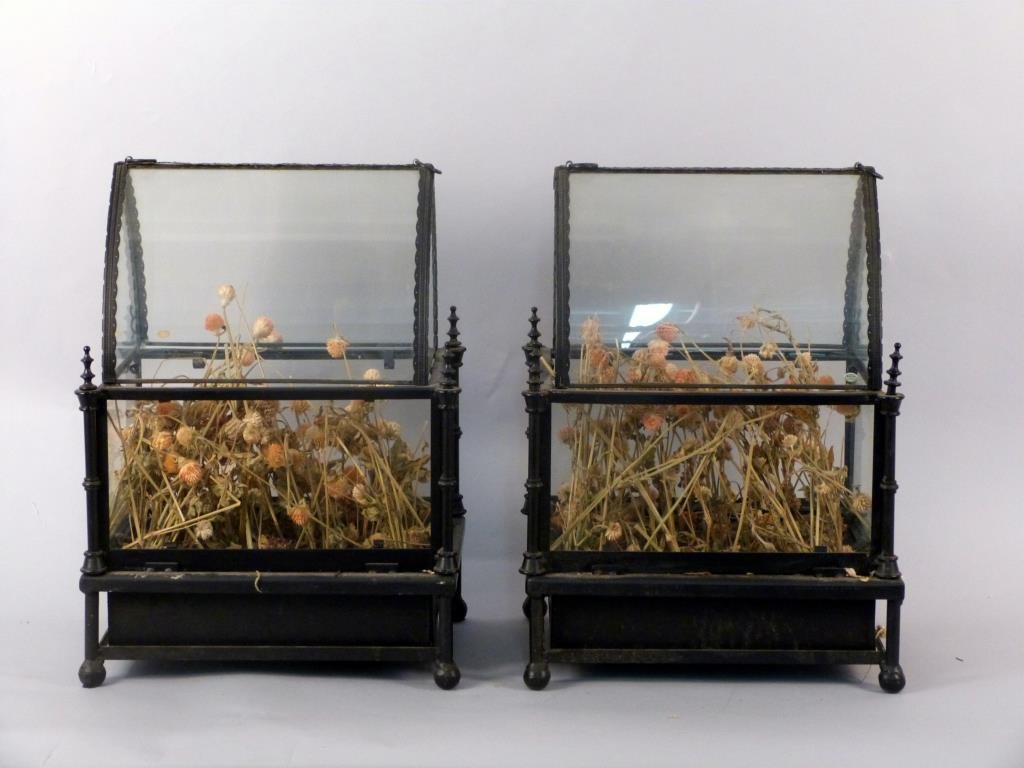 Pair of Metal and Glass Terrariums: Reproductions. Metal framed. 9" W X 13" D X 18 1/2" H.