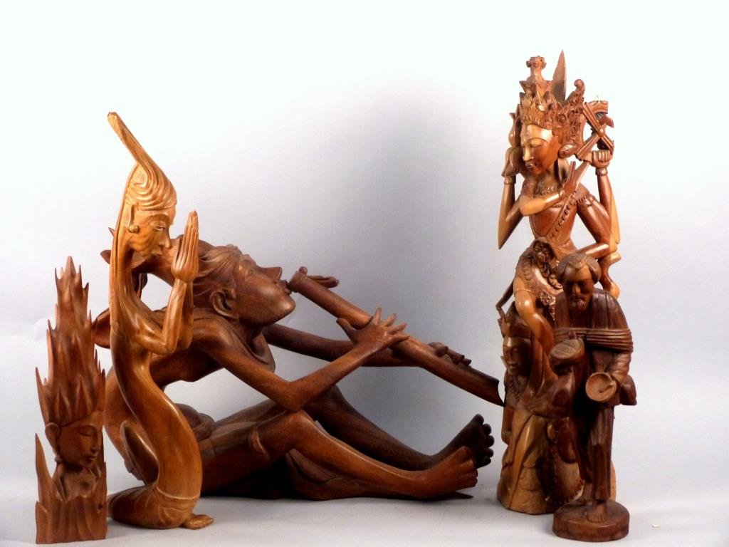 5 Ethnographic Wood Carvings: Indonesian etc. Largest: 24" W X 14 1/2" H.