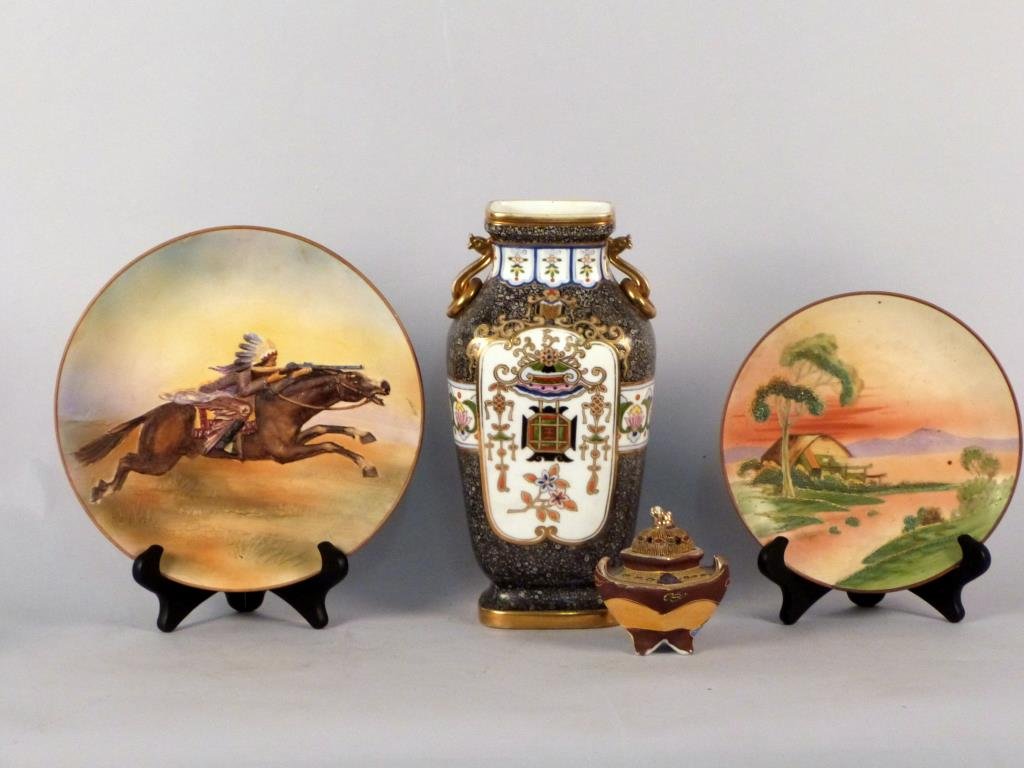 4 Japanese Hand Painted Articles Including Nippon: Large vase and 2 plates Nippon, covered vase Made in Japan.