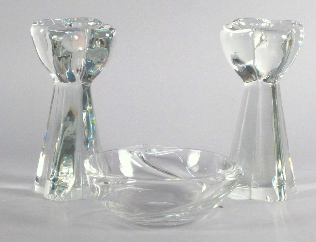 Art Glass Baccarat & Val St. Lambert: Candlesticks stamped Baccarat & bowl inscribed Val St. Lambert. (Multiple chips on bases of candlesticks).