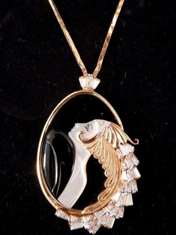 Erte 14K Gold, MOP & Diamond Necklace & Pendant: Beauty of the Beast, limited edition, numbered: 37/250. In original velvet case box with certification. Necklace: 19 1/2", pendant 1 3/4" W X 2 3/4" H.