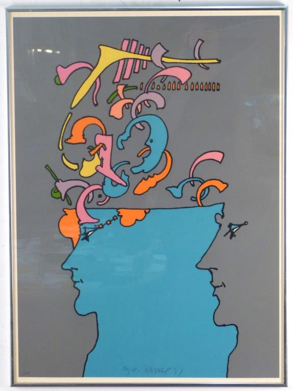 Peter Max (German/ American b. 1937) - Serigraph: Faces/cup, signed lower middle and dated '71, numbered APII. 28 1/2" H X 21" W (30" X 22)