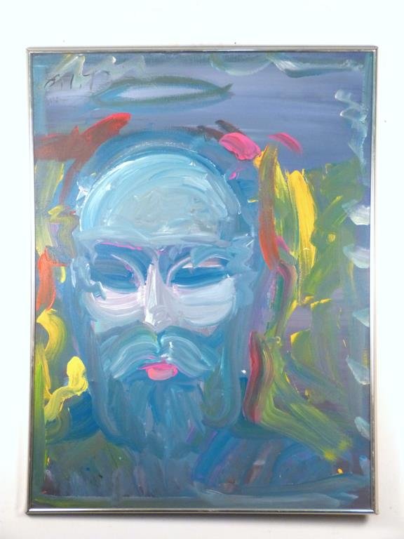 Signed Max (Peter Max?) - Oil on Tapered Canvas: Study of a man's face, signed upper left. * This painting is tapered in the middle at the stretcher. From back, stretcher measures 36" wide at top and bottom and 35 1/4" at the middle. 47 3/4" H X 35
