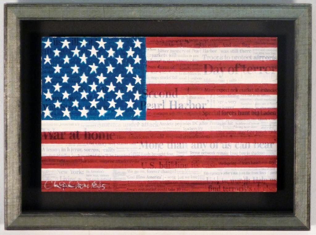 Signed Illegibly - Mixed Media -American Flag: Colored American Flag on news print of Pearl Harbor Attack, sll, numbered: 18/45. 8" H X 12" W (11 1/2 X 15 1/4")