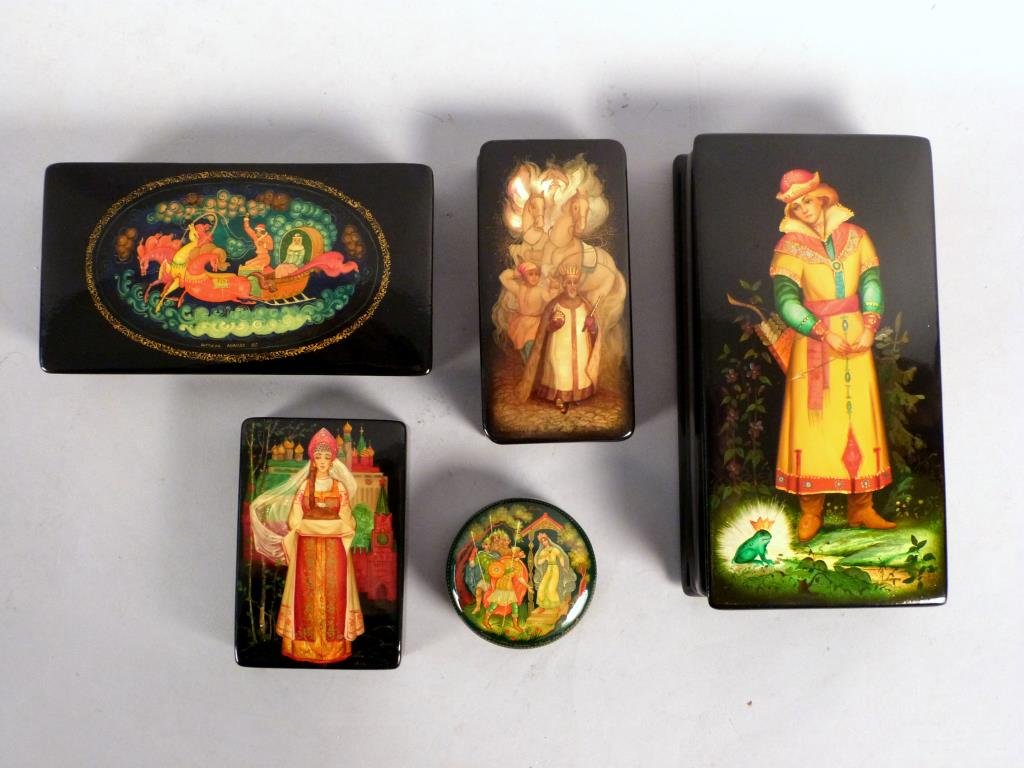 5 Assorted Lacquered Russian Boxes: All marked "made in USSR", one with mother of pearl inlay, all with receipts, some from the famous "Gump's". Largest: 3 1/4" W X 6 1/4" D X 1 1/2" H.
