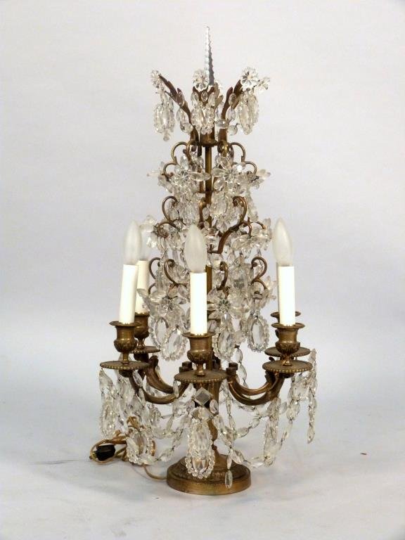 Bronze, Prism & Glass Girandole Lamp: 6 lights. Spear finial. 13 3/4" W X 13 3/4" D X 28" H.