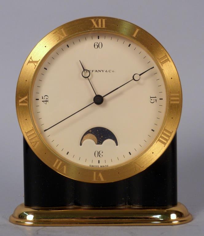 Tiffany & Co Desk Clock: With Swiss movement and dials for moon phases.