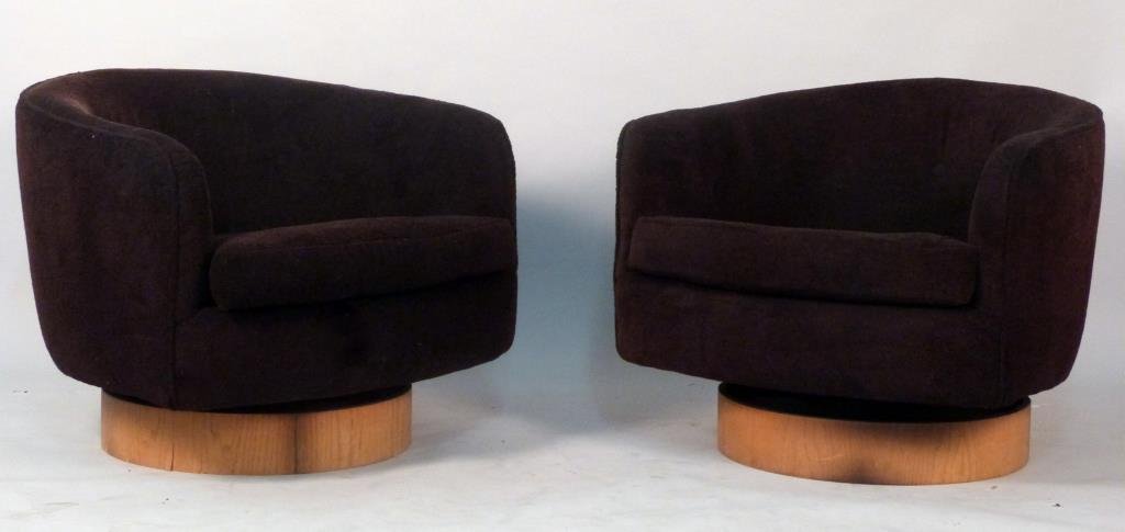 Pair of Mid-Century Modern Swivel Demilune Chairs: In the manner of Milo Baughman, with rounded, button tufted backs, on round, wood veneered base with swivel and tilt. 29" W X 30" D X 24" H. As is. (a North Shore Towers, NY Estate)
