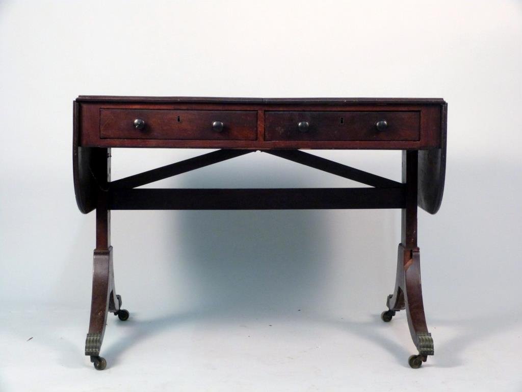 Antique English Sofa Table: 2 drawers, 2 faux drawers on back, on casters, 37" W X 27 1/2 D X 27 1/2 H; 2 Drop sides 12" W. As is.