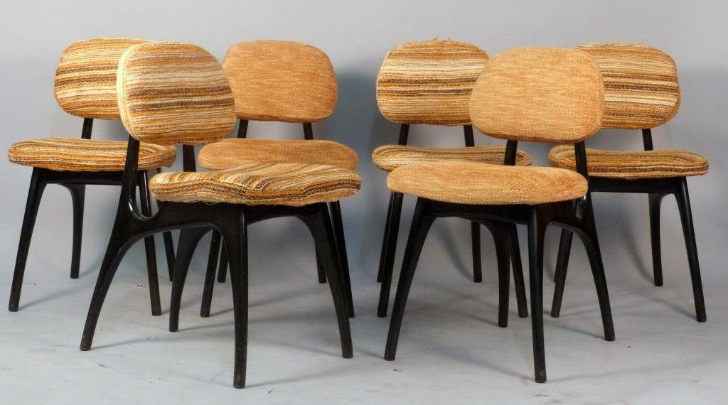 Set of 6 Carlo di Carli Style Dining Chairs: Ebonized, sculpted wood frames with upholstered seats and back rests. 19" W X 24" D X 32" H. Upholstery as is. (a North Shore Towers, NY Estate)
