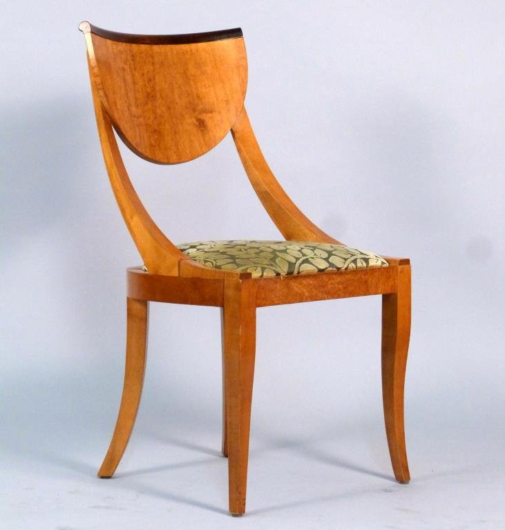 Biedermeier Style Side Chair: Blonde wood, demilune back rest with sloping, splayed supports and sloping, splayed legs, slip seat. 19" W X 17 1/2" D X 35 1/2" H.