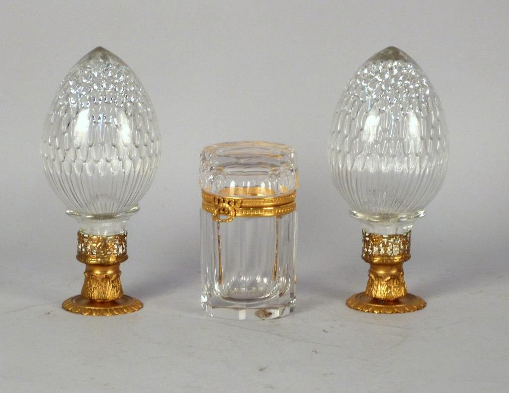 Pair of Glass Newel Posts & Brass Mounted Box: Hollow glass. Posts: 7 1/2" T. Chip on box.
