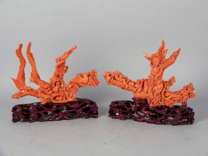 2 Chinese Faux Coral Groups on Stands ******: Far left bird repaired, 10"W X 3"D X 10"T - ****** Likely these 2 items are real coral, they are fairly recent/new though. (1318 grams without stands)