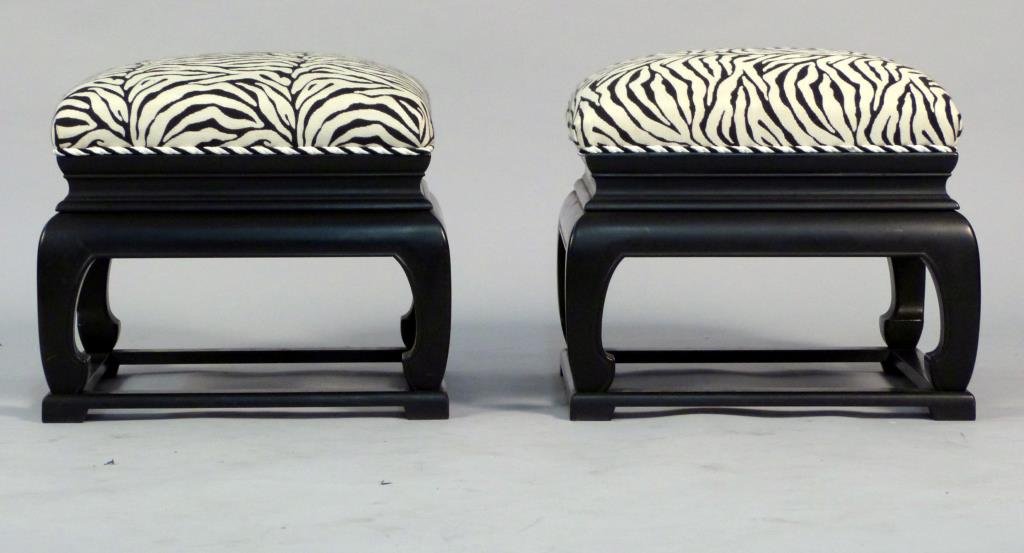 Pair of Parsons Style Foot Stools: Ebonized wood frame with in-turning legs meeting square frame with block feet, zebra style upholstery. Asian influence. 18" W X 18" D X 16" H.