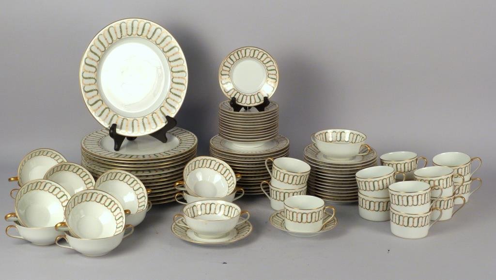 83 Piece Limoges Diner Set: A. Lanterier and Company, complete service of 14 minus 1 cup.