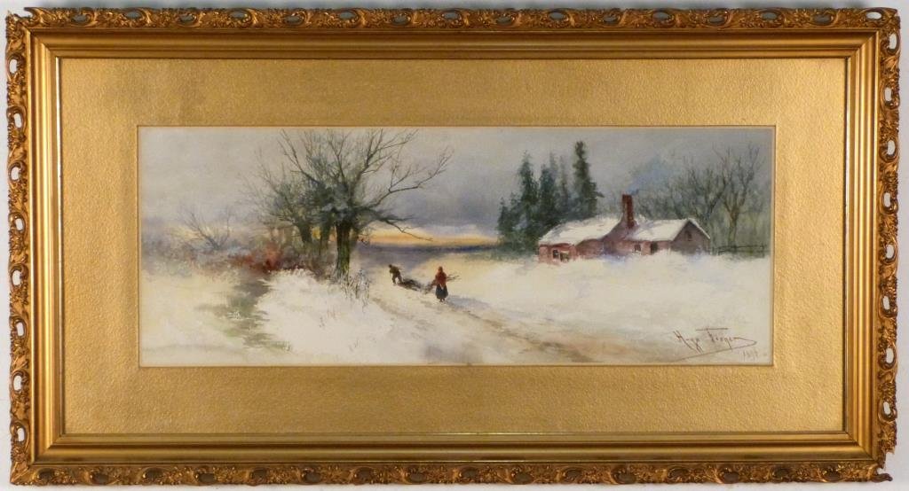 Hugo Anton Fisher (American, 1854–1916): Figures gathering wood in snow, signed and dated 1896 lower right. 10" H X 26" W (20 X 37).