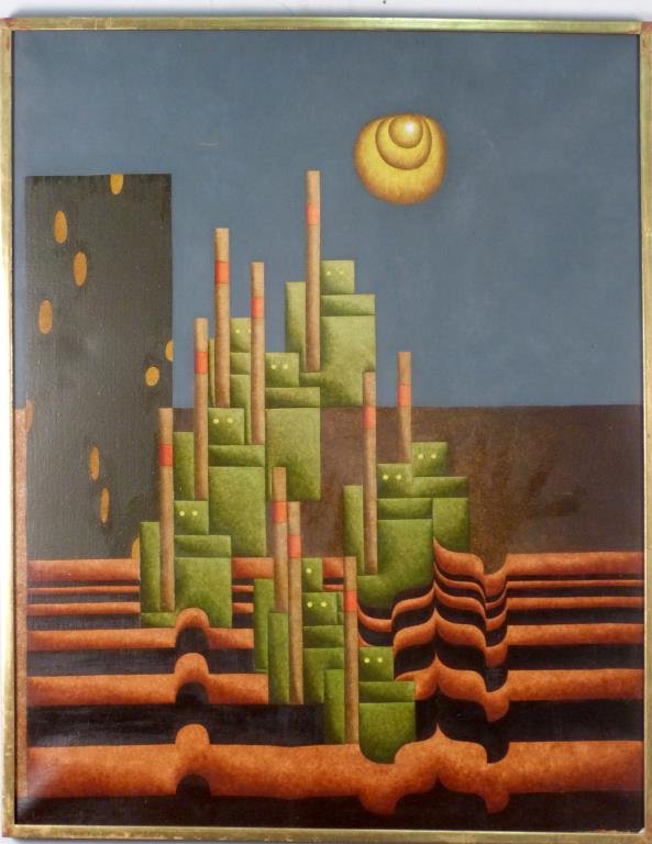 Christian Lemesle (French, b. 1932): "L'Invasion," oil on canvas, signed and dated lower left. 36 1/4" H X 28 3/4" W. David B. Findlay label and the Findlay Gallery stamp on verso.