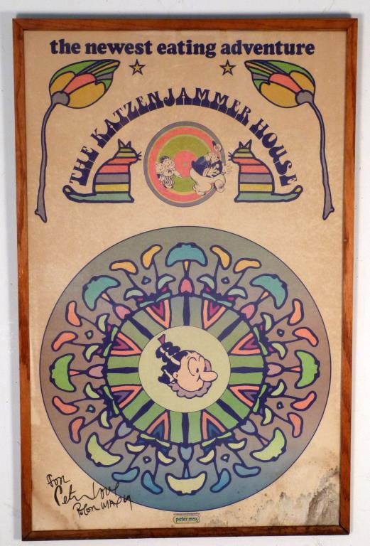 Peter Max Lithographic Poster: "The Katzen Jammer House," signed For Peter Love Peter Max. 37 1/2" X 23 1/2" W (39 1/2" X 25"). Water damage lower left.