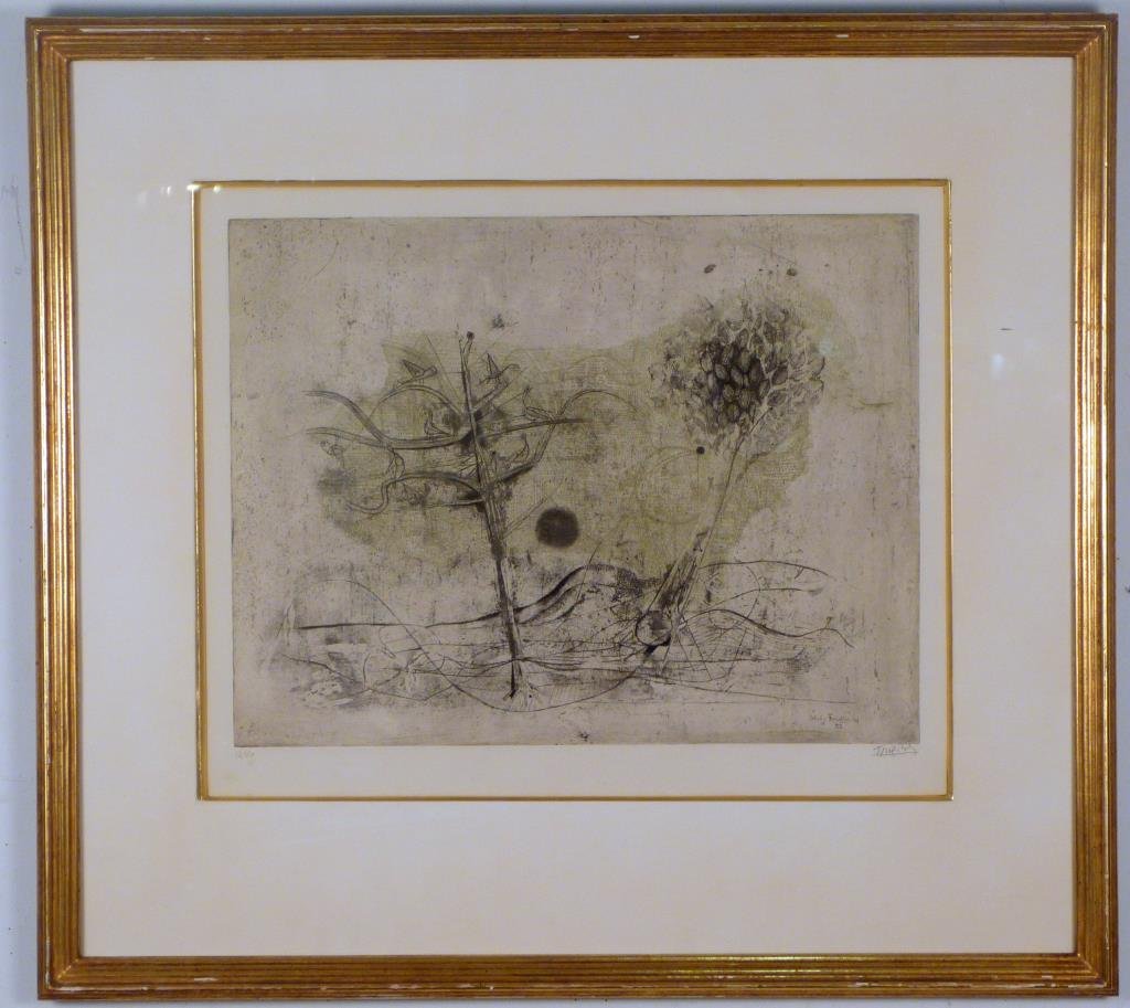 Johnny Friedlaender (German/French, 1912 - 1992): 2 trees, 1 with birds, aquatint, signed and dated '52 lower right, numbered 12/60. 15 1/2" H X 20" W (29" X 32").