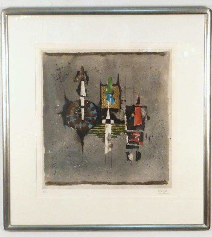 Johnny Friedlaender (German/French, 1912 - 1992): Abstract, aquatint, slr, artist's proof, 20 1/2" H X 19 1/2" W ( 32 1/2" X 30 1/2"). Multiple Impressions label on verso.