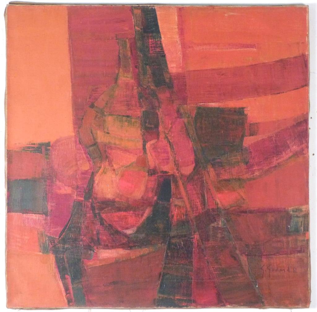 Gabriel Godard (French/American, b. 1933): "Nature morte rouge," oil on canvas, signed and dated '61 lower right. . 29 1/2" H X 29 1/2" W.