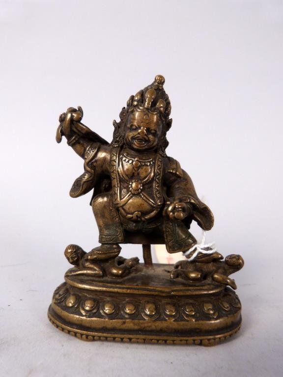 Sino-Tibetan Bronze Figure of Mahakala: With feet over demon. 3" H.
