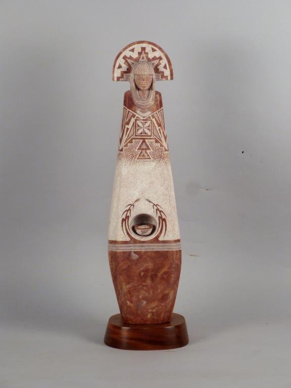 Cliff Fragua (Pueblo, XX-XXI) - Stone Sculpture: Of a Native American woman with head dress, basket at womb, on wood base. 22 1/2" H (24" H including base).