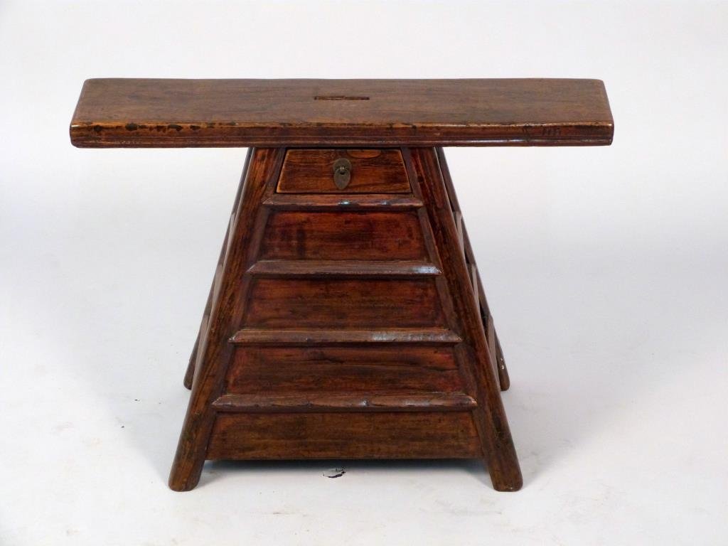 Small Chinese Side Table: Triangular base, long narrow top with slot drop into small drawer. Collection table. 23.5"W x 5.5"D x 17.5"H