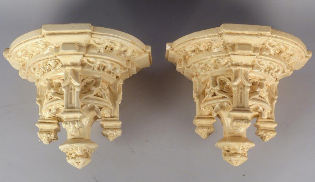 Pair of Gothic Style Plaster Wall Brackets: Marked illegibly. As is.