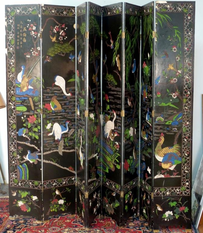 Chinese Coromandel 8-Panel Floor Screen: With cranes and birds at pond, and court scene on other. Each panel: 95" H X 16" W. As is.
