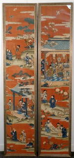 Pair Antique Chinese Silk Kesi Panels: Colored and metallic thread woven in varying scenes with bats, peacock, scholars, etc., contemporary lacquered rosewood frames. 82 1/2" H X 15 3/4" W (85 1/2 X 19). COA from Charlotte Horstmann &Geral