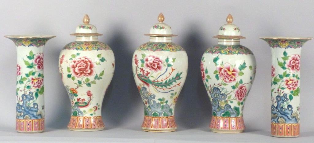 Chinese Famille Rose 5 Piece Garniture Set: Comprising 2 porcelain conical vases with everted mouths (11 1/2") and 3 porcelain covered jars (14 1/2" H), all decorated with famille rose enamels.