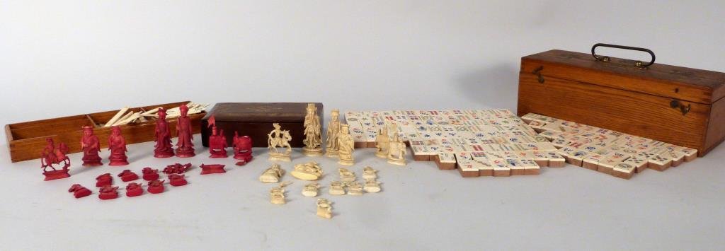 2 Sets Chinese Carved Bone Games Pieces: Including Chess (partial and as is) and Mahjong. Chess King: 2 3/4" H.