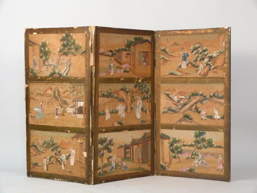 Antique Chinese 3 Panel Screen: Each panel decorated with 3 scenic panels. Each panel 42" H X 23" W. As is.