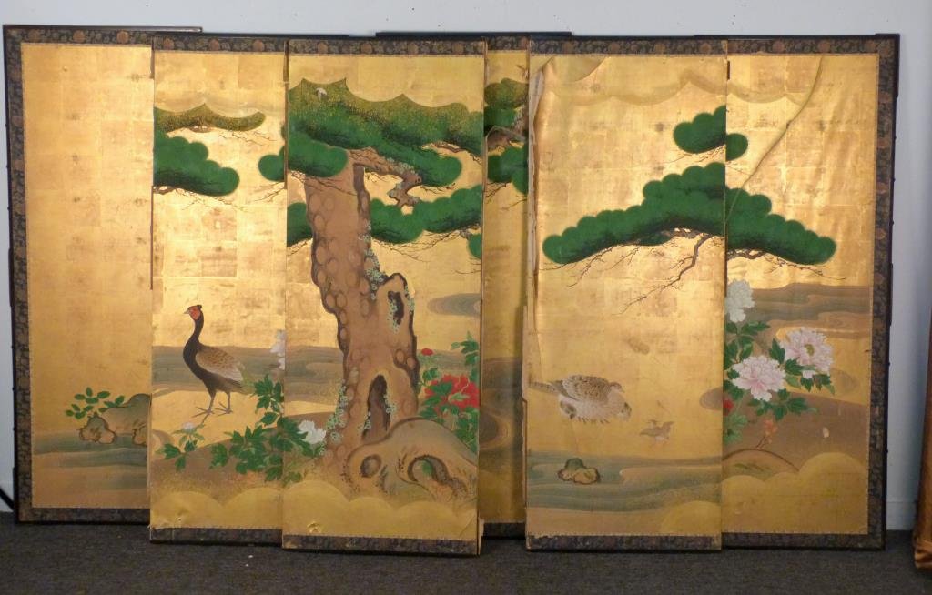 Chinese 6 Panel Screen: Landscape with birds, foliage and flowers on gold leaf background. Each panel 65 1/2" H X 25" W. Panels separated, some punctures and tears. As is.