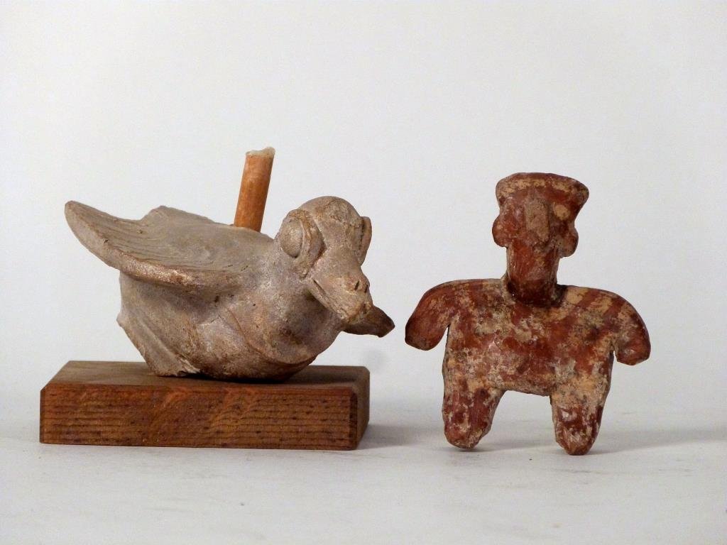 2 Pre-Columbian Ceramic Figures: Mayan bird with incised feathers and applied eyes (5" W X 4" D X 3" H), together with a Nayarit figure (repaired) with beak nose and paint remnants (3 1/2" H).