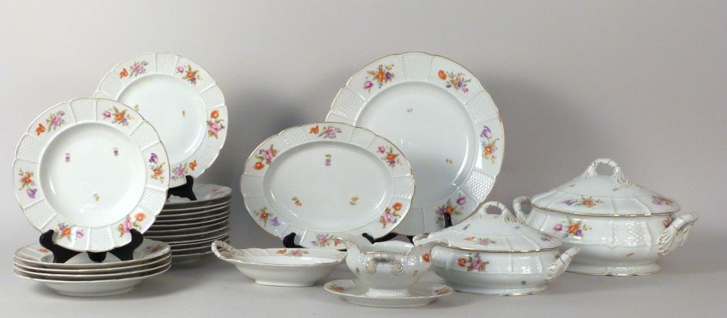 Partial Set of Rosenthal Bavarian Porcelain: Covered tureens, serving trays, plates bowls, etc.Largest tray 14" D