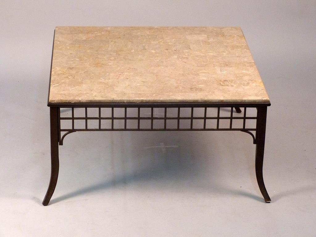 Mid-Century Asian Style Coffee Table: With metal trellis apron, stone veneer top. 38" W X 38" D X 19" H.