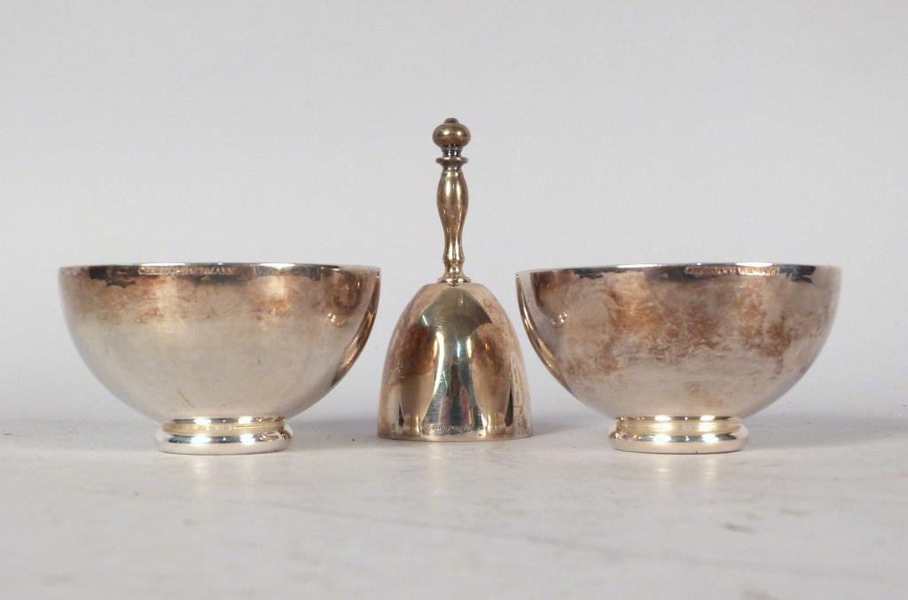 Widmann & Christofle Silver Plated Articles: Pair of Christoph Widmann bowls, Chistofle bell.