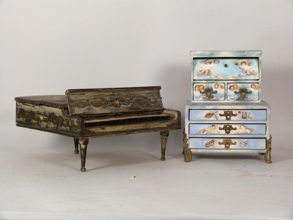 2 Painted Wood Jewelry Boxes: Piano (13" W X 14" D X 6 1/2") and Miniature Chest (9" W X 12" H), both decorated with neoclassical motifs.