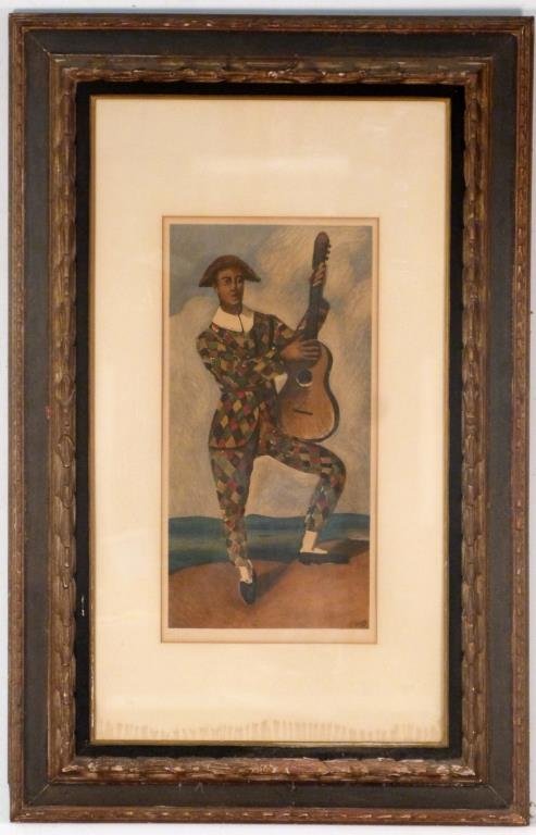 Andre Derain (France, 1880-1954) - Lithograph: Harelquin with guitar, signed in plate lr, numbered 151/300, 22 " H X 11" W (44 " X 28 1/2"), water damage to bottom edge of mat, sheet unexamined