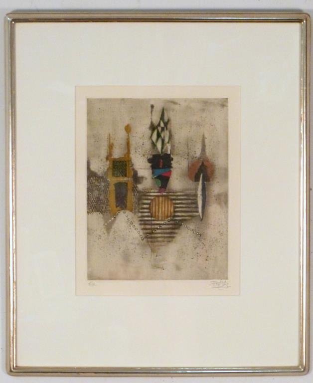 Johnny Friedlaender (French/German, 1922-1992): Abstract, aquatint, slr, artist's proof, 12 1/4" H X 9 3/4" W ( 25" X 21"). Multiple Impressions label on verso.