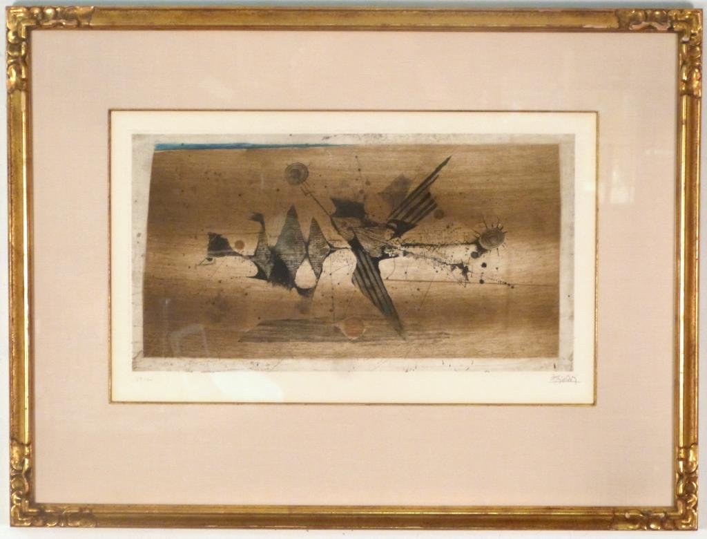 Johnny Friedlaender (French/German, 1922-1992): Abstract, aquatint, slr, numbered 59/60..13" H X 23 1/2 " W (25" X 32 1/2"). Multiple Impressions label on verso.