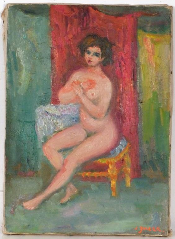 Jacques Zucker (Polish/American, 1900 - 1981): Unframed Oil on Canvas Seated nude, SLR, 18" H X 13" W. Including book.